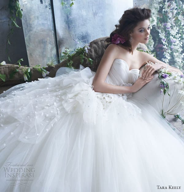 tara keely spring 2013 bridal tulle ball gown pleated organza sweetheart natural waist petals chapel train