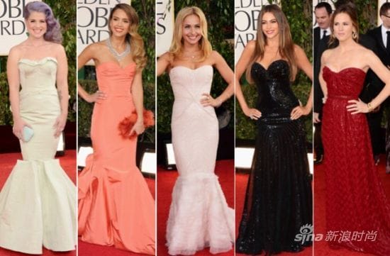 Kelly Osbourne in Zac Posen, Jessica Alba in Oscar de la Renta, Hayden Panettiere in Cavalli, Sofia Vergara in Michael Cinco, Jennifer Garner in Vivienne Westwood