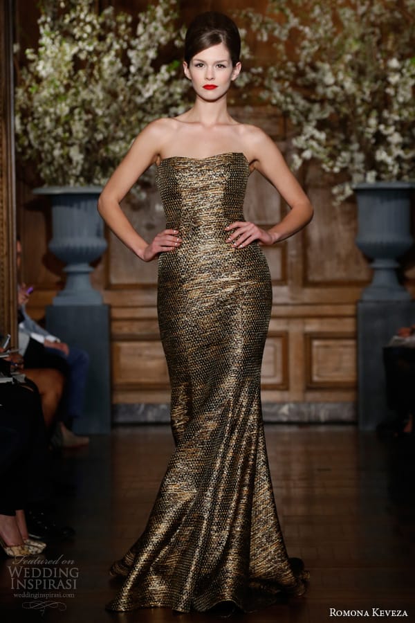 romona keveza fall 2013 2014 rtw antique gold strapless tweed mermaid gown seaming detail style e1353