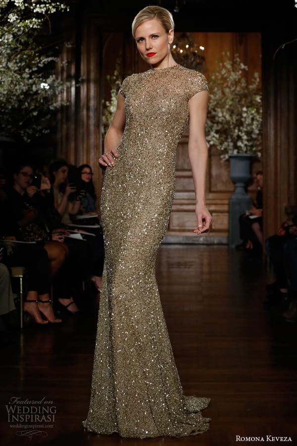 romona keveza fall winter 2013 2014 ready to wear e1350 gold beaded fluted gown short sleeve open back