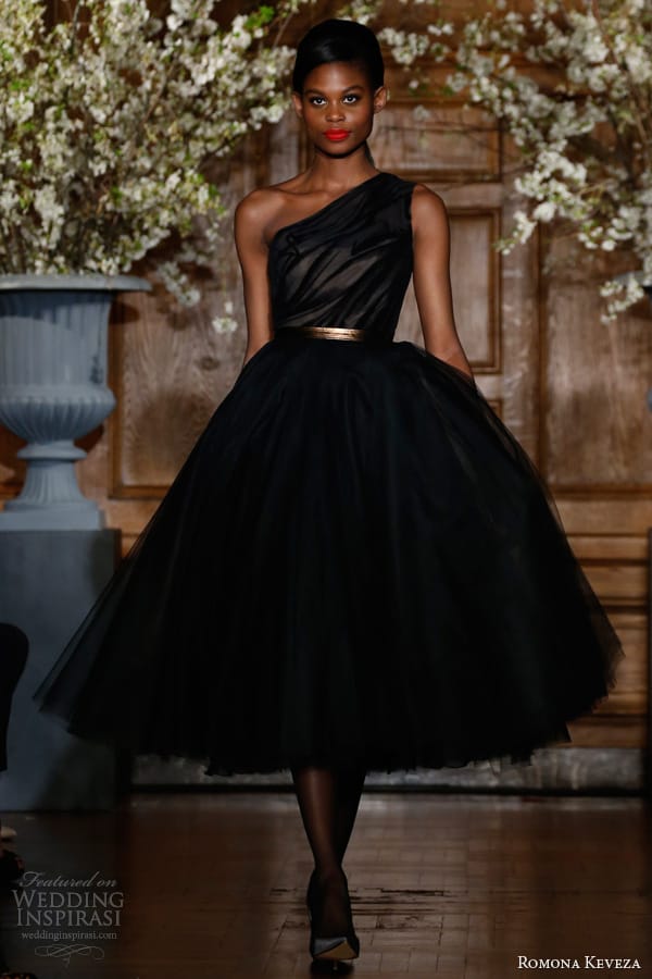 romona keveza fall winter 2013 2014 style e1355 onyx cocktail dress one shoulder bodice burn out velvet tea length silk net skirt