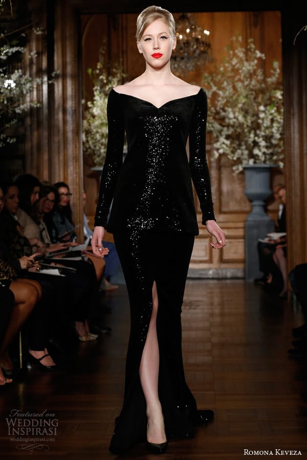 romona keveza fall 2013 onyx beaded velvet off the shoulder tunic narrow fluted skirt center front slit e1358