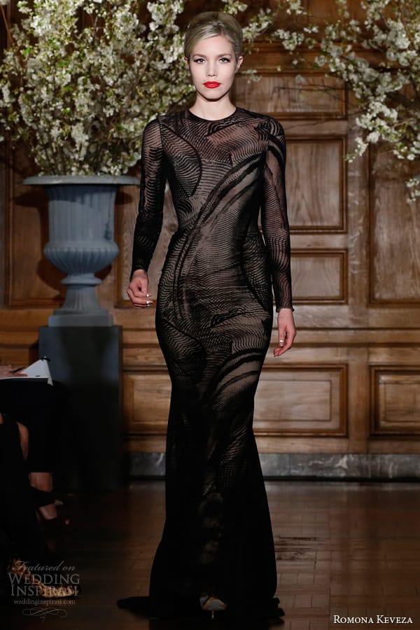 romona keveza fall winter 2013 2014 ready to wear e1354 onyx burn out velvet mermaid gown long sleeves open back