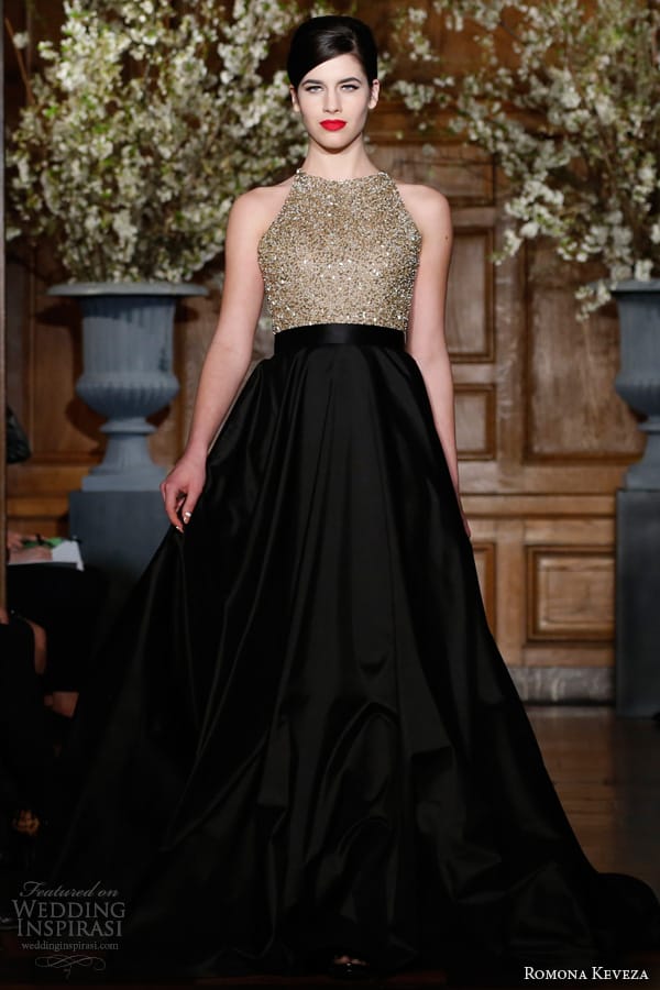 romona keveza fall 2013 rtw style e1351 gold beaded halter neck gown circle skirt silk shantung taffeta