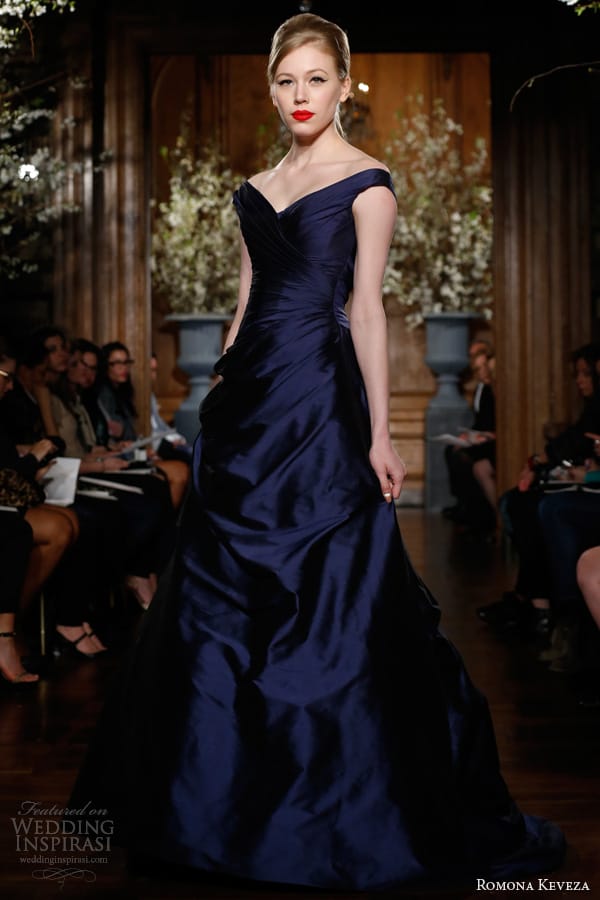 romona keveza fw 2013 2014 sapphire off the shoulder gown silk shantung taffeta v neckline draped skirt style e1367