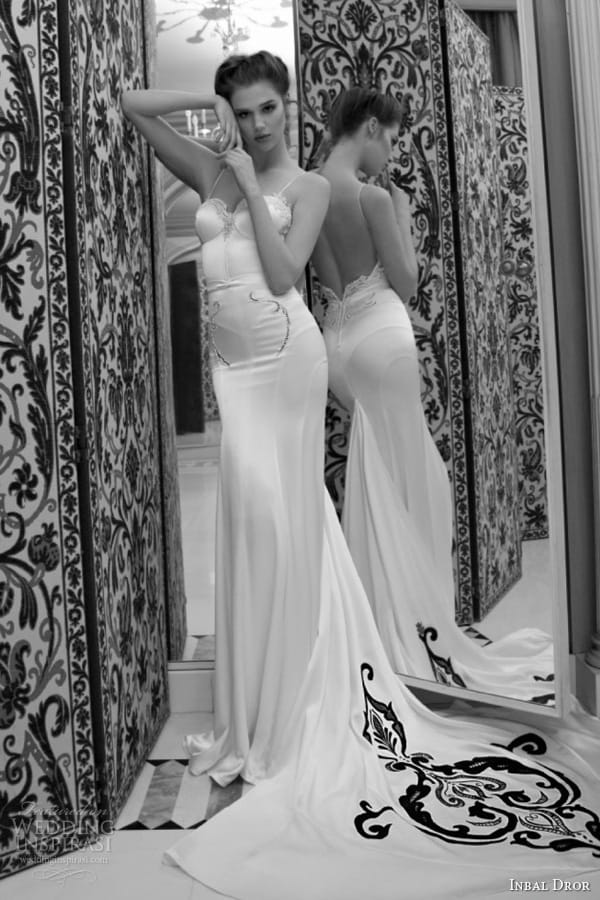 inbal dror 2013 bridal wedding dress open back straps black motif