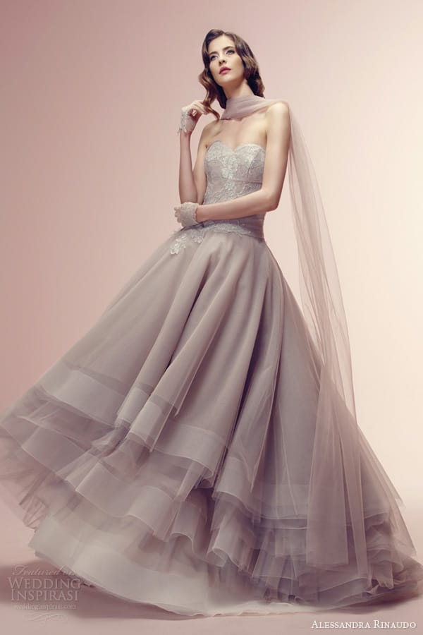 alessandra rinaudo bridal 2014 color wedding dresses rainbow strapless dusty pink gown tier skirt