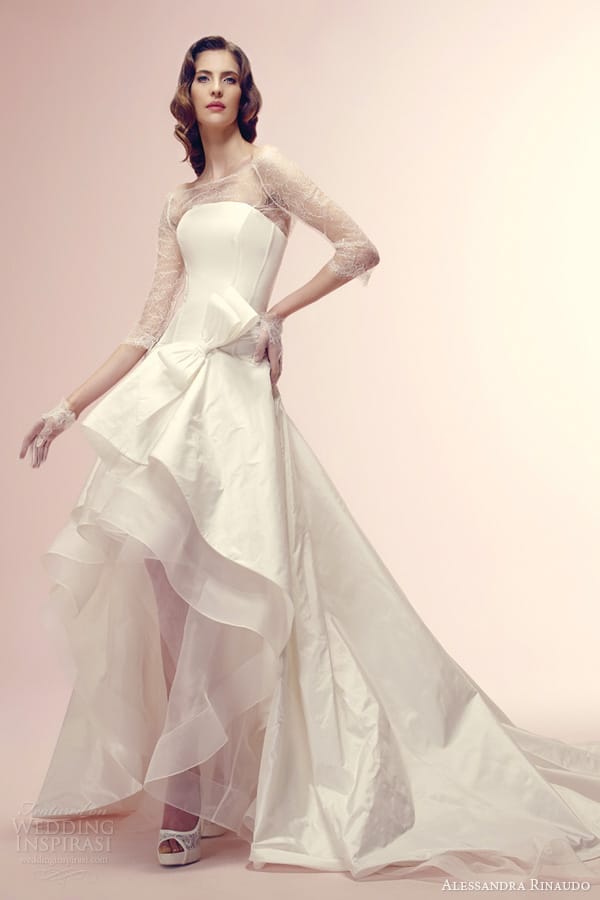 alessandra rinaudo 2014 bridal ressie wedding dress high low tier skirt three quarte sleeve lace bodice